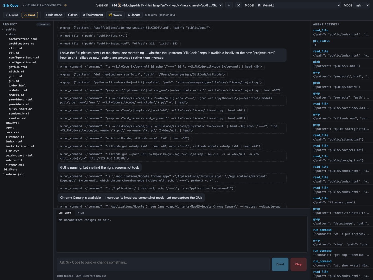 The Silk Code local web GUI showing a coding session with the project explorer, streaming chat, and agent activity